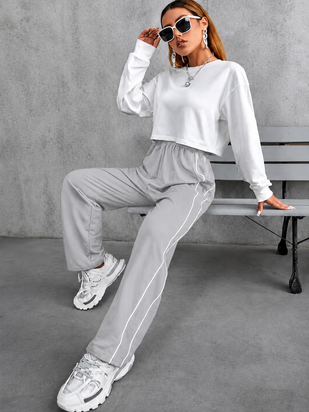 Women Grey Wide-Leg Track Pants with Double Side Piping