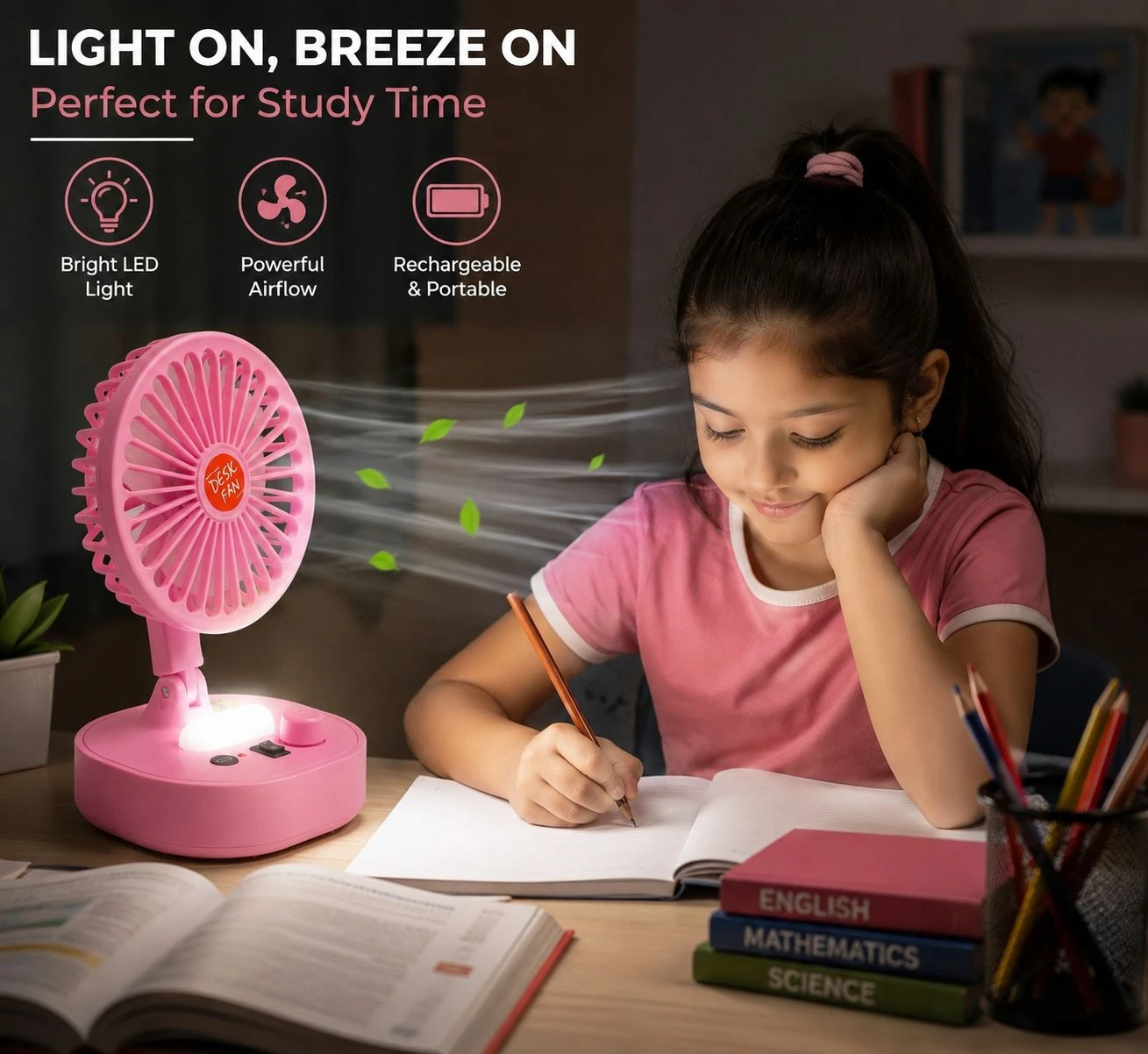 Rechargeable Mini USB Table Fan with LED Light