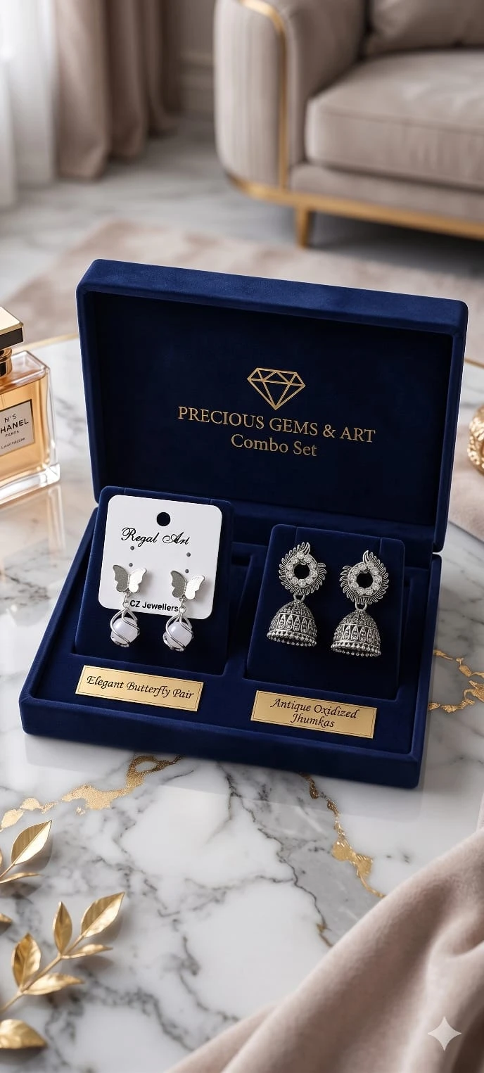Trendy Festive Jewellery Combo Set - Silver Jhumki & Butterflyy Droop Earrings (2 Pairs)