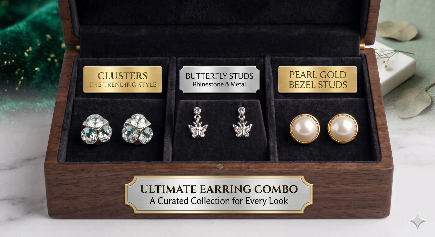 Styles Ultimate Stud Earrings Combo - Pearl, Butterflyy & Crystall Clusters (Pack of 3 Pairs)