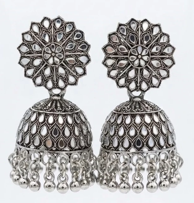 Oxidized Silver Mirror Work Jhumka Earring