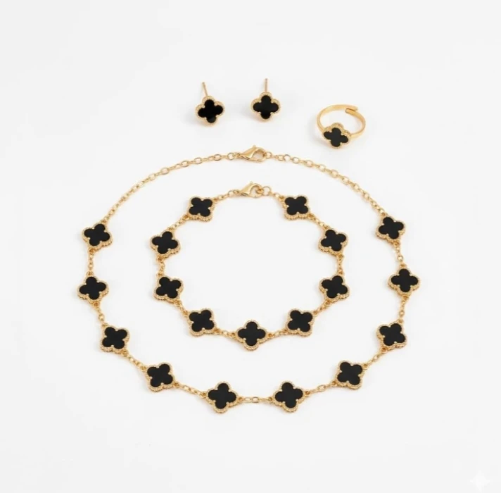 Black Clover Flower Jewellery Set for Women | Gold Plated Necklace, Bracelet, Ring & Stud Earrings Set | Stylish Fashion Artificial Jewellery for Party & Daily Wear