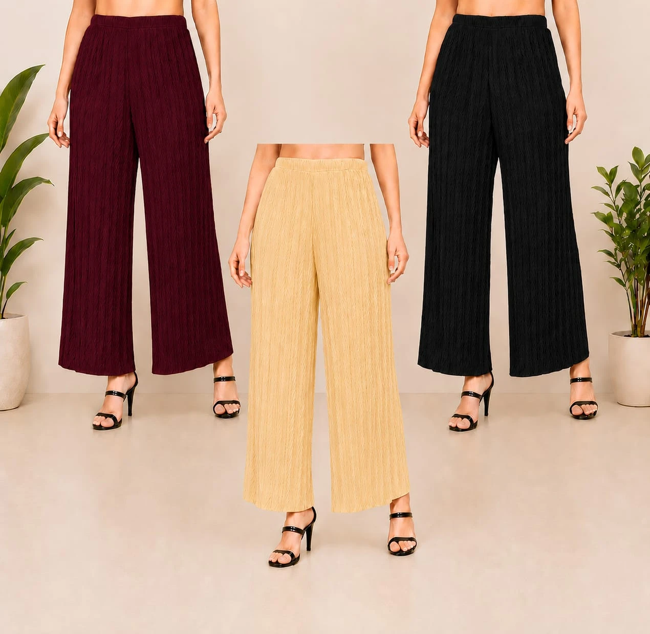 Women's Textured Wide Leg Palazzo Pants | Comfortable Casual & Office Wear Trousers (Pack of 3)