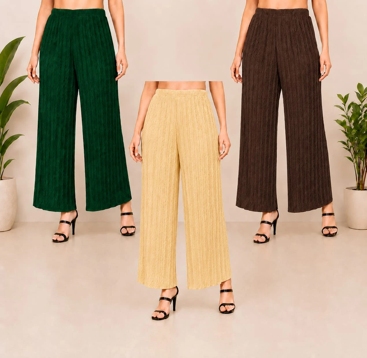 Women's Textured Wide Leg Palazzo Pants | Comfortable Casual & Office Wear Trousers (Pack of 3)