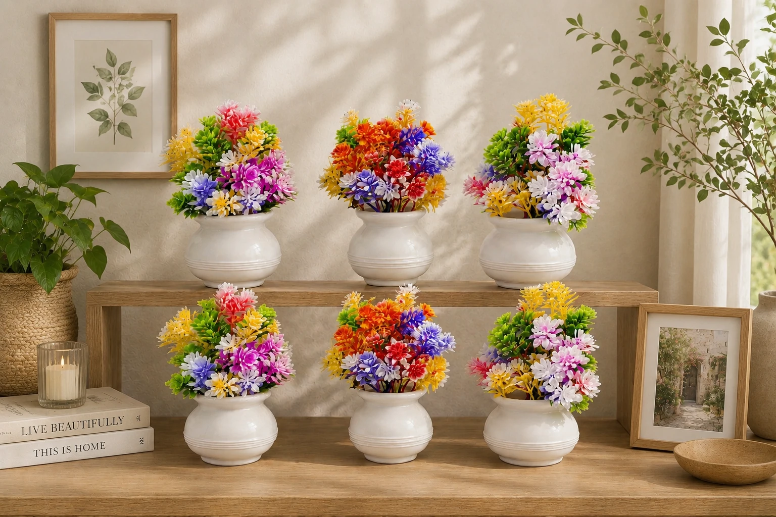 Mataka pot with small Artificial flowers set of 6