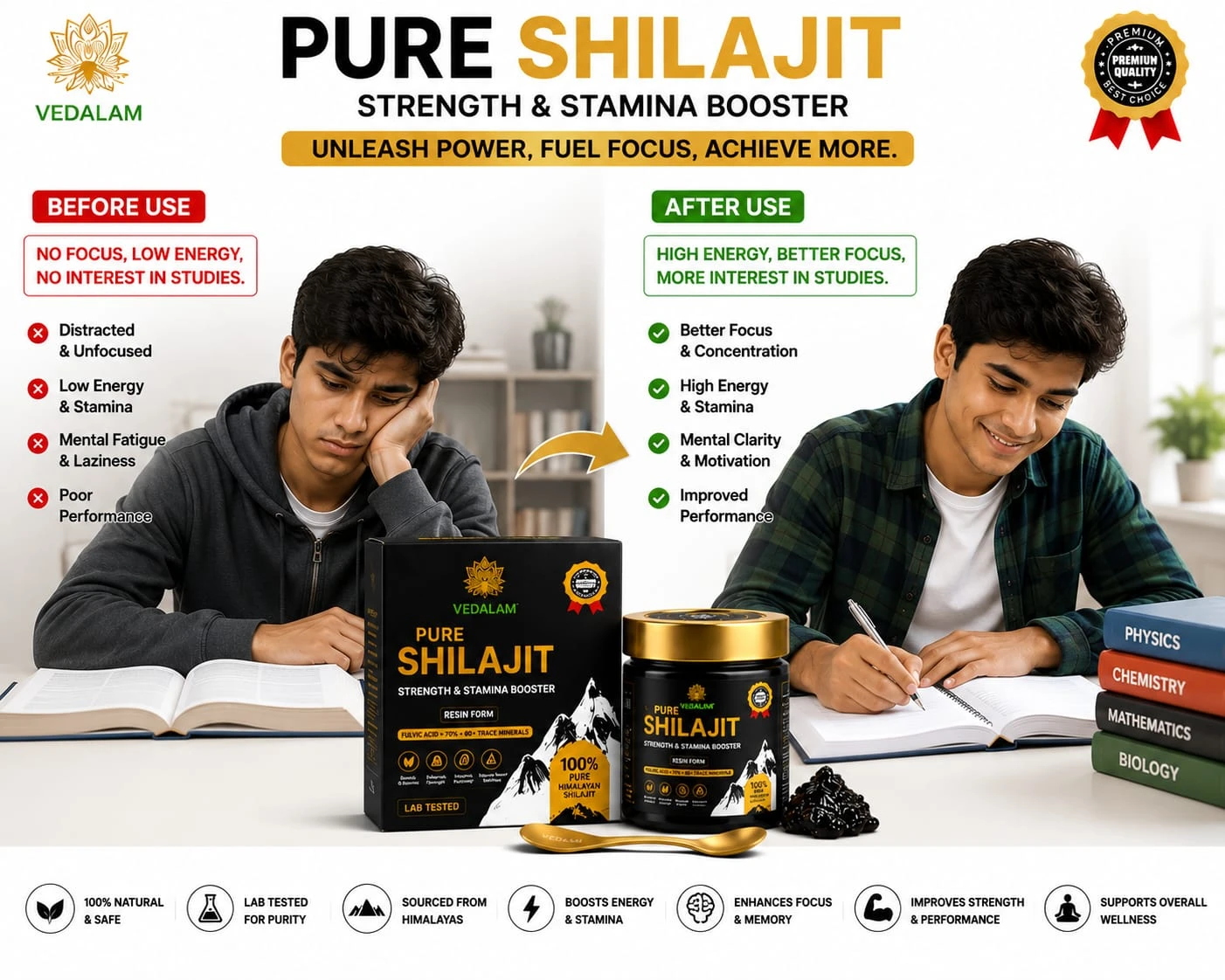VEDALAM™ Pure Himalayan Shilajit Resin | 70%+ Fulvic Acid | 80+ Trace Minerals | Natural Energy & Stamina Support | Lab Tested | Premium Himalayan Shilajit Resin | 20g