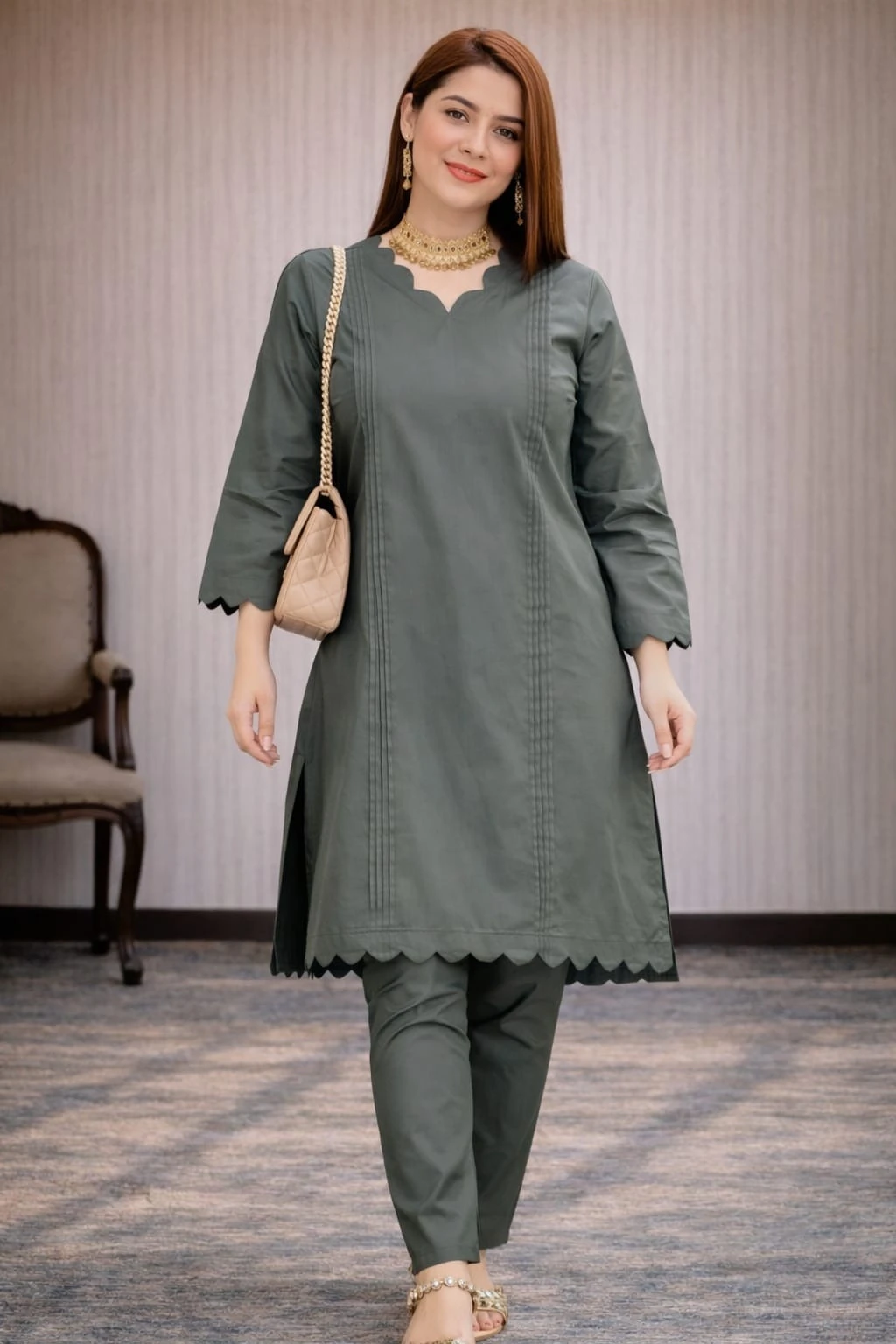 Grey Women's Cotton Kurta Pant Set