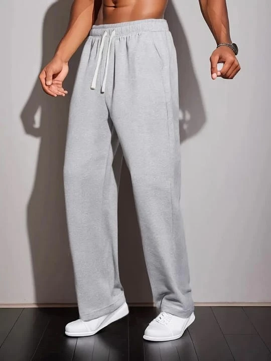 Men's Solid Grey Wide-Leg Track Pants | Relaxed Fit Baggy Lower with Drawstring