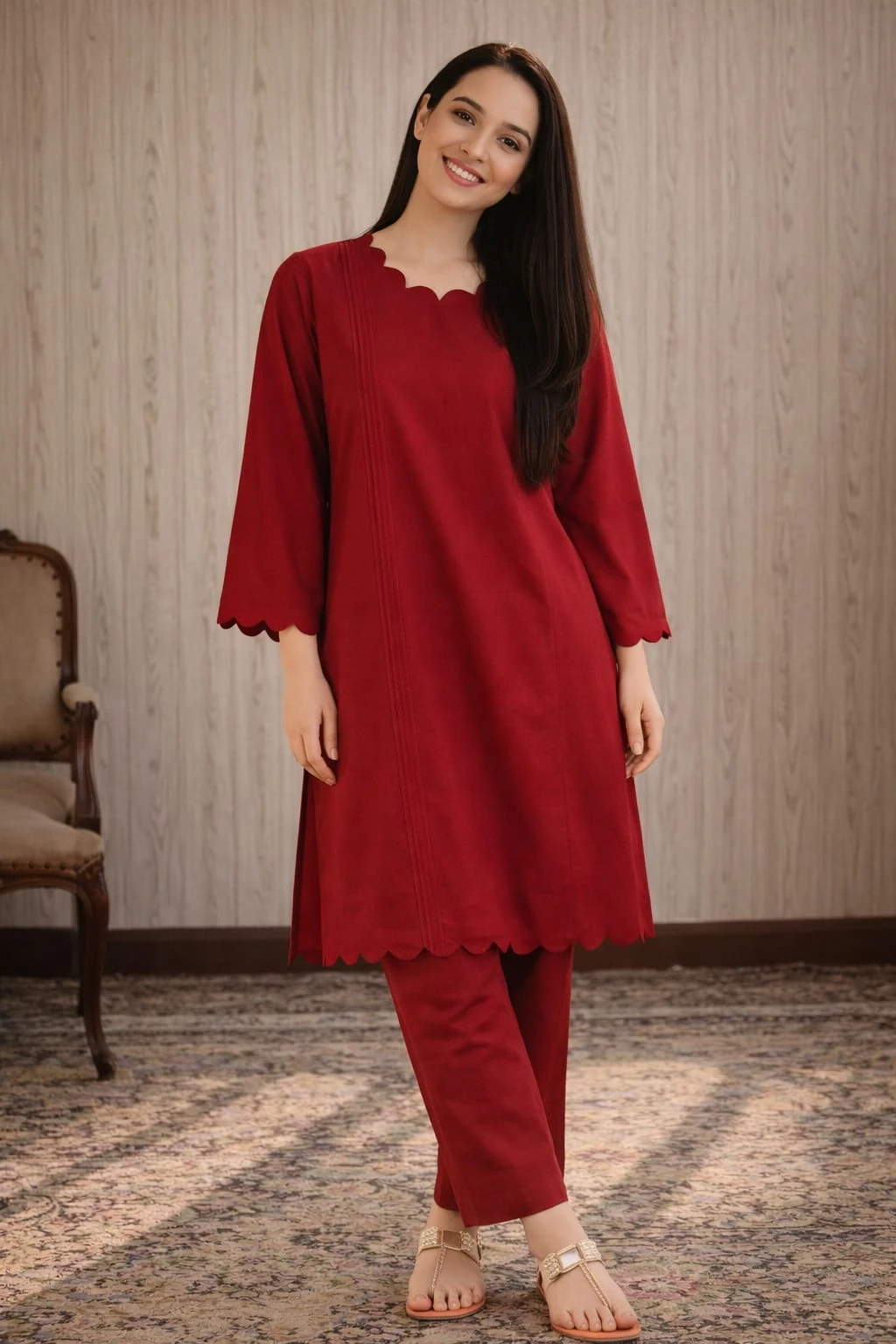 Maroon Women's Cotton Kurta Pant Set