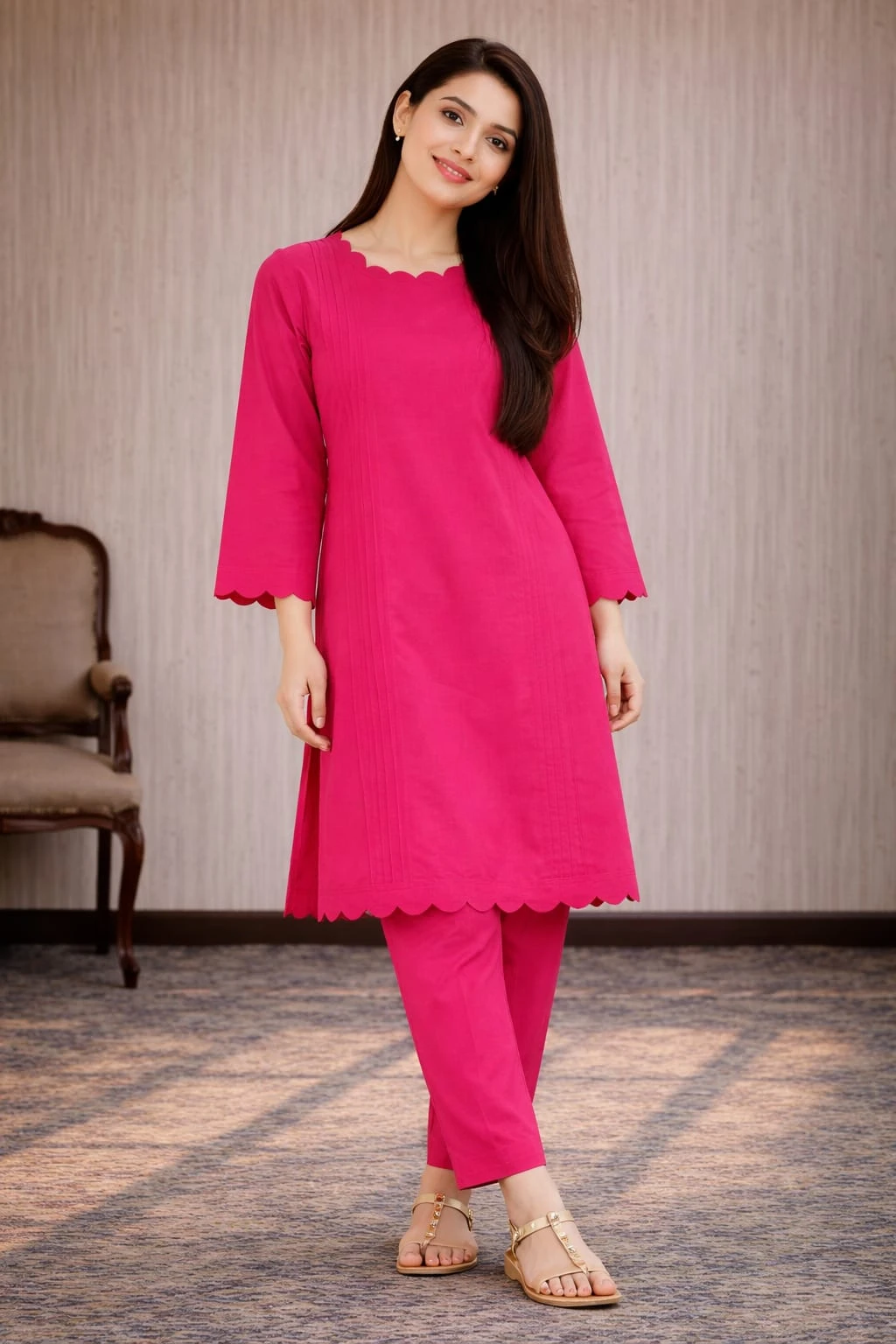 Pink Women's Cotton Kurta Pant Set
