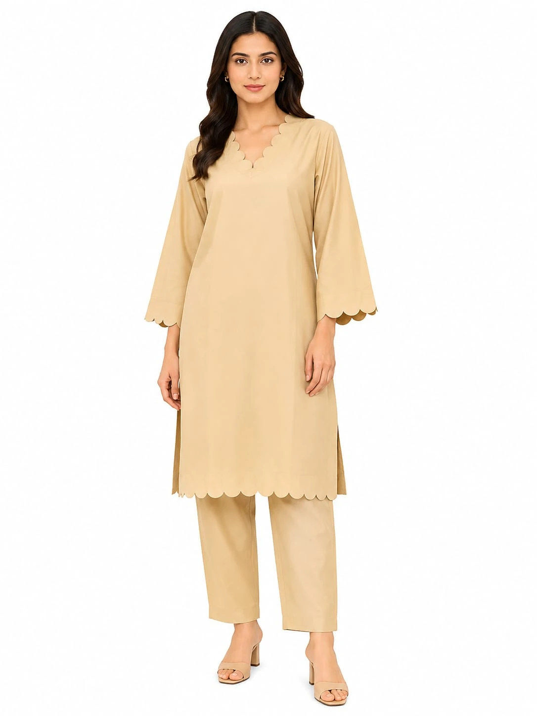 Women's Creem Solid Scallop Neck Straight Kurta with Pants Co-ord Set