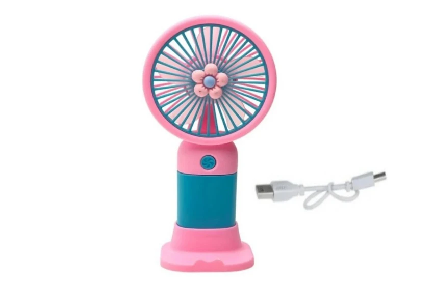 Mini Portable USB Rechargeable Table Fan | Pink & Teal Flower Design | Desktop Cooling Fan with USB Charging Cable