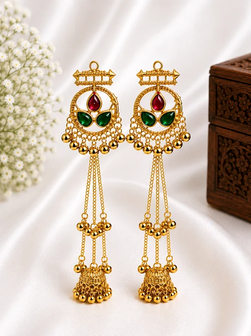 Traditional Kashmiri Gold Plated Long Chain Earrings