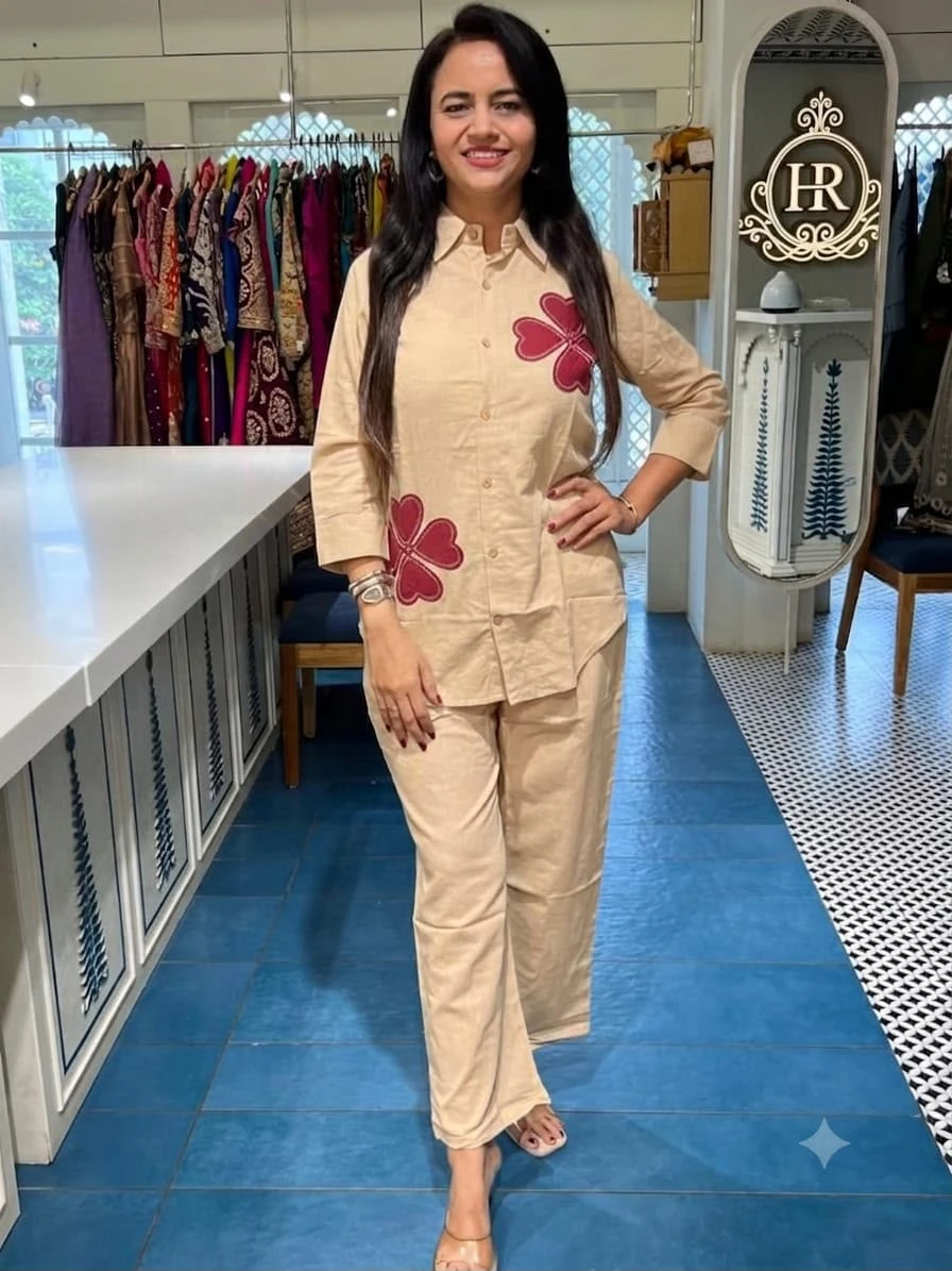 Women's Beige Co-Ord Set | Collared Button-Down Shirt with Straight Pants | Heart Applique Design | Casual, Office & Party Wear | Pack of 2