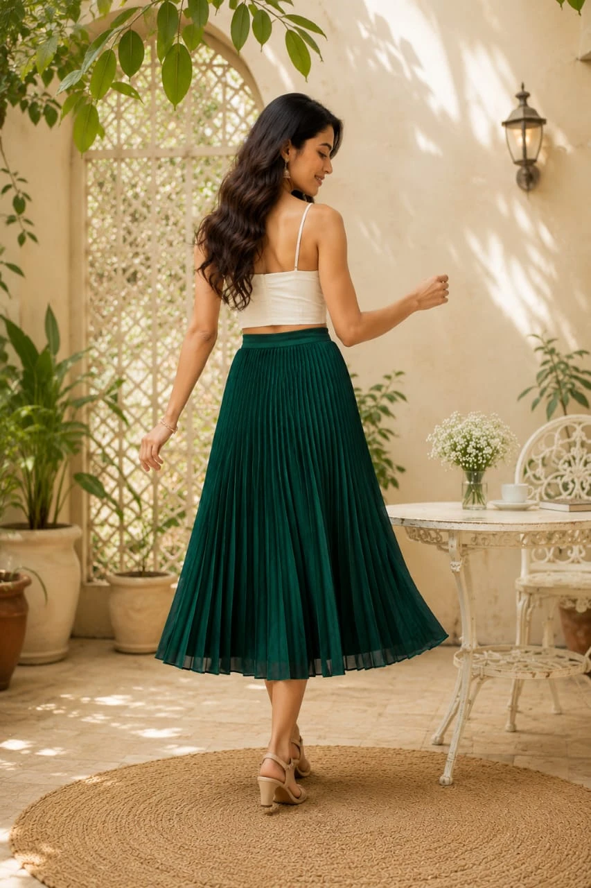 Women's Pleated Midi Skirt | Dark Green High Waist Flared Skirt | Casual, Party & Office Wear | Elegant Western Skirt | Pack of 1
