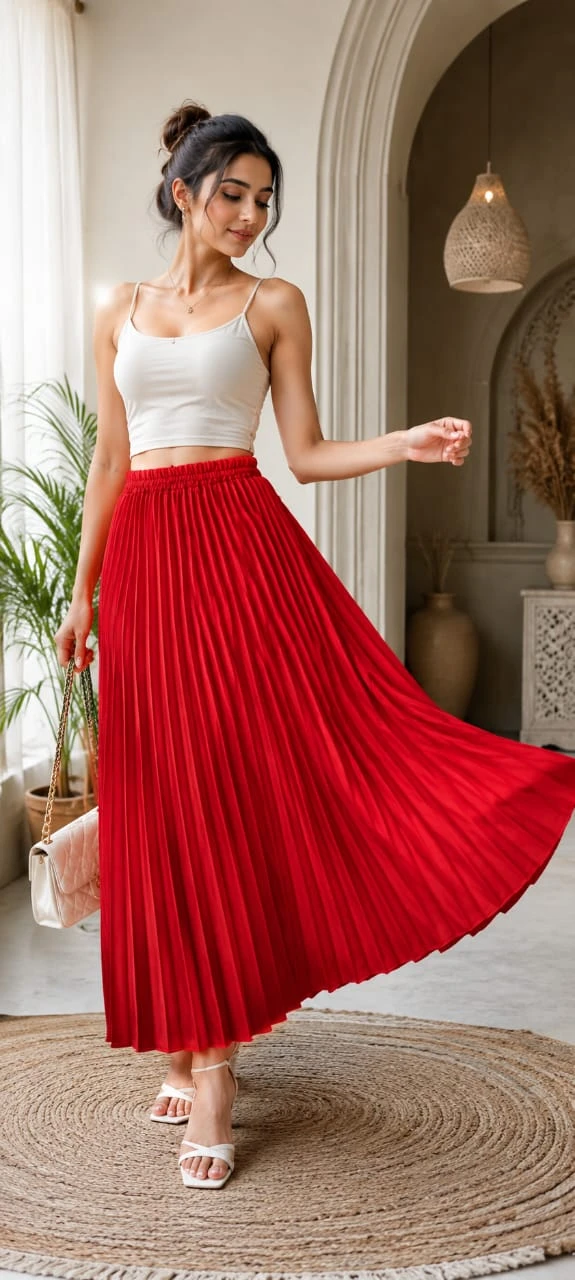 Women's Pleated Maxi Skirt | Red High Waist Flared Skirt | Casual, Party & Festive Wear | Elegant Western Skirt | Pack of 1