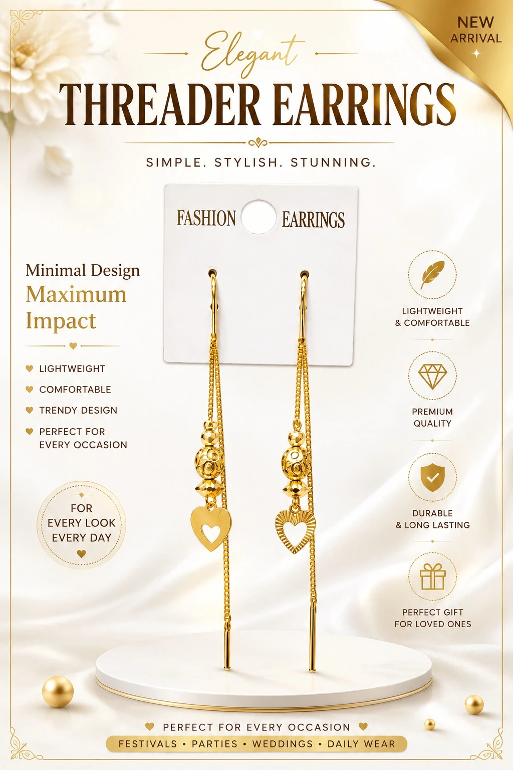 Elegant Threader Earrings for Women | Long Dangle Heart Drop Earrings | Lightweight Gold-Plated Minimalist Jewelry