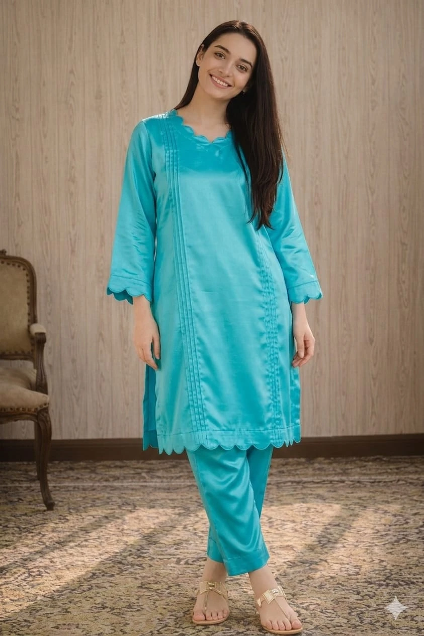 Elegant Scalloped Rayon Kurta Set (Turquoise Blue)