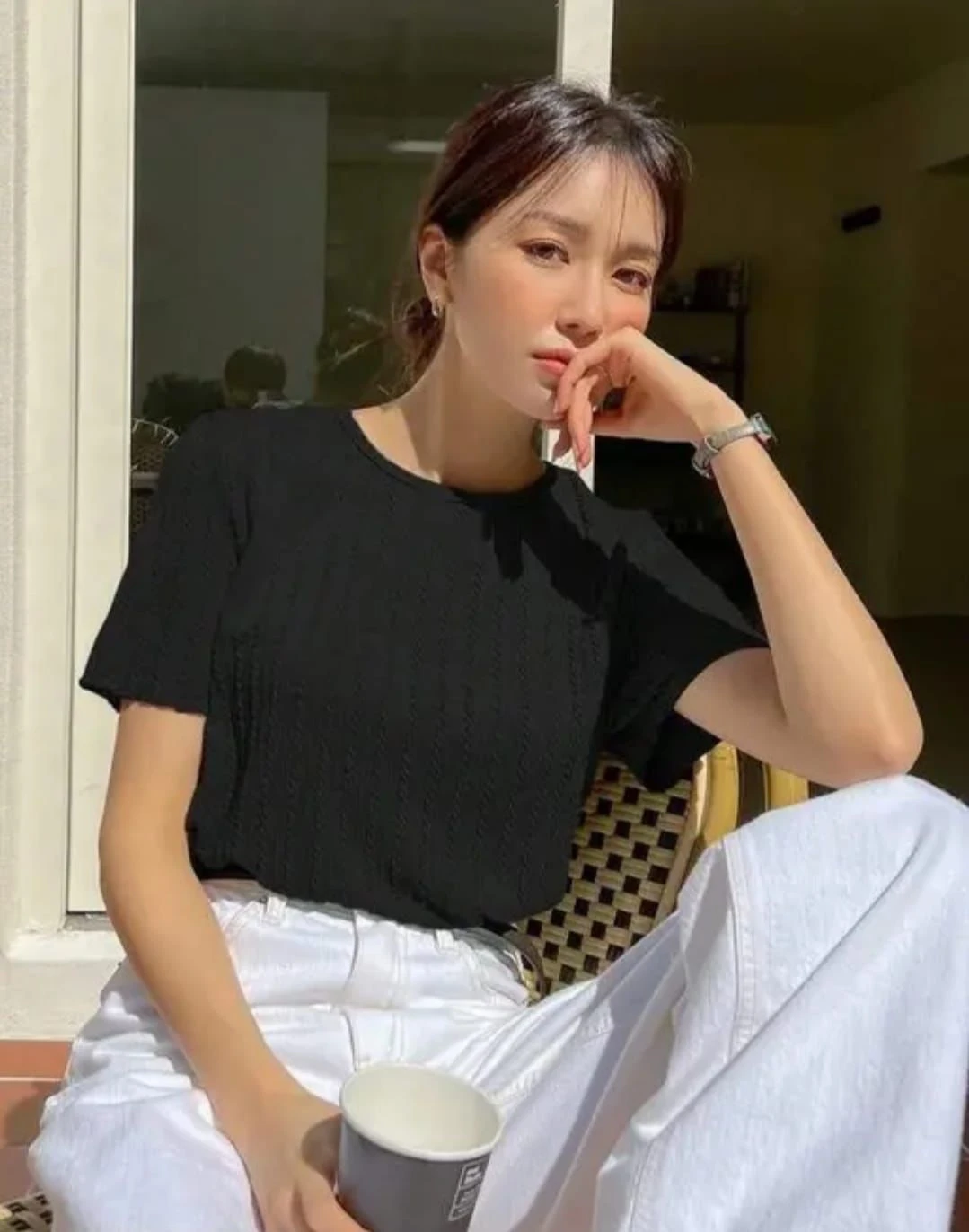 Women's Solid Black Ribbed Round Neck Half Sleeve Casual Top