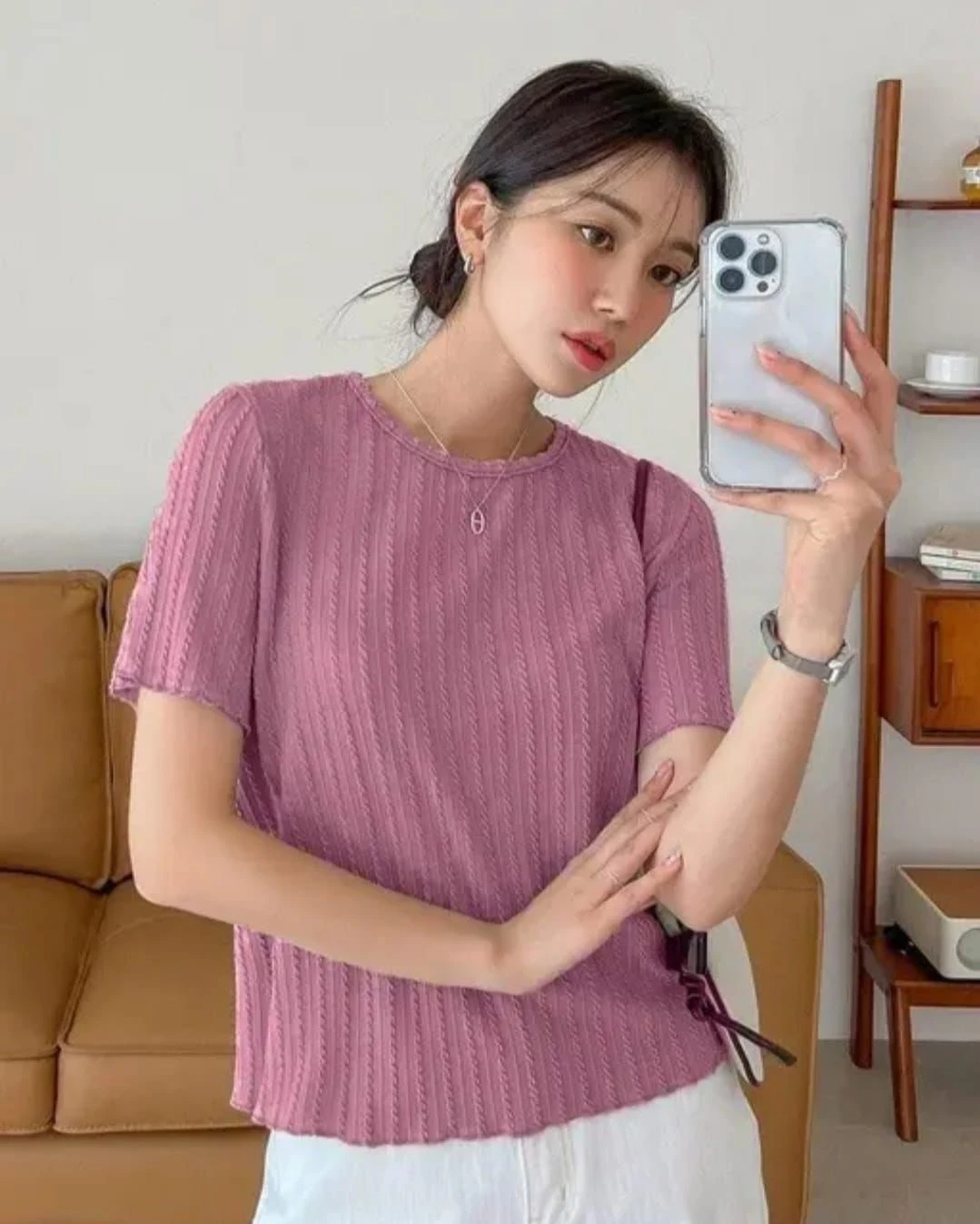 Women's Solid Pink Ribbed Round Neck Half Sleeve Casual Top