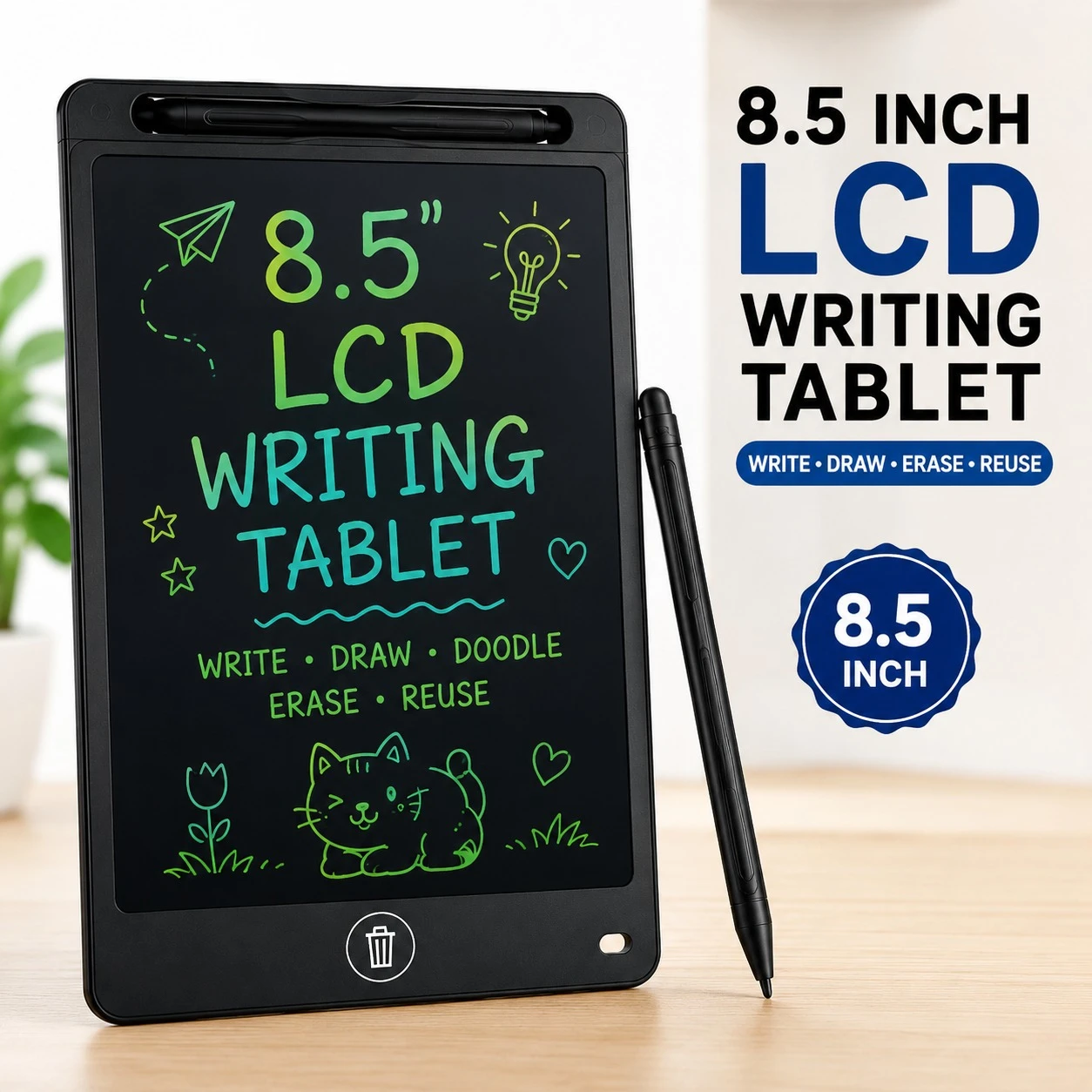 8.5 Inch LCD Writing Tablet with Stylus Pen | Reusable Digital Drawing & Writing Pad | Erase Button | Paperless Memo Board for Kids, Students & Office