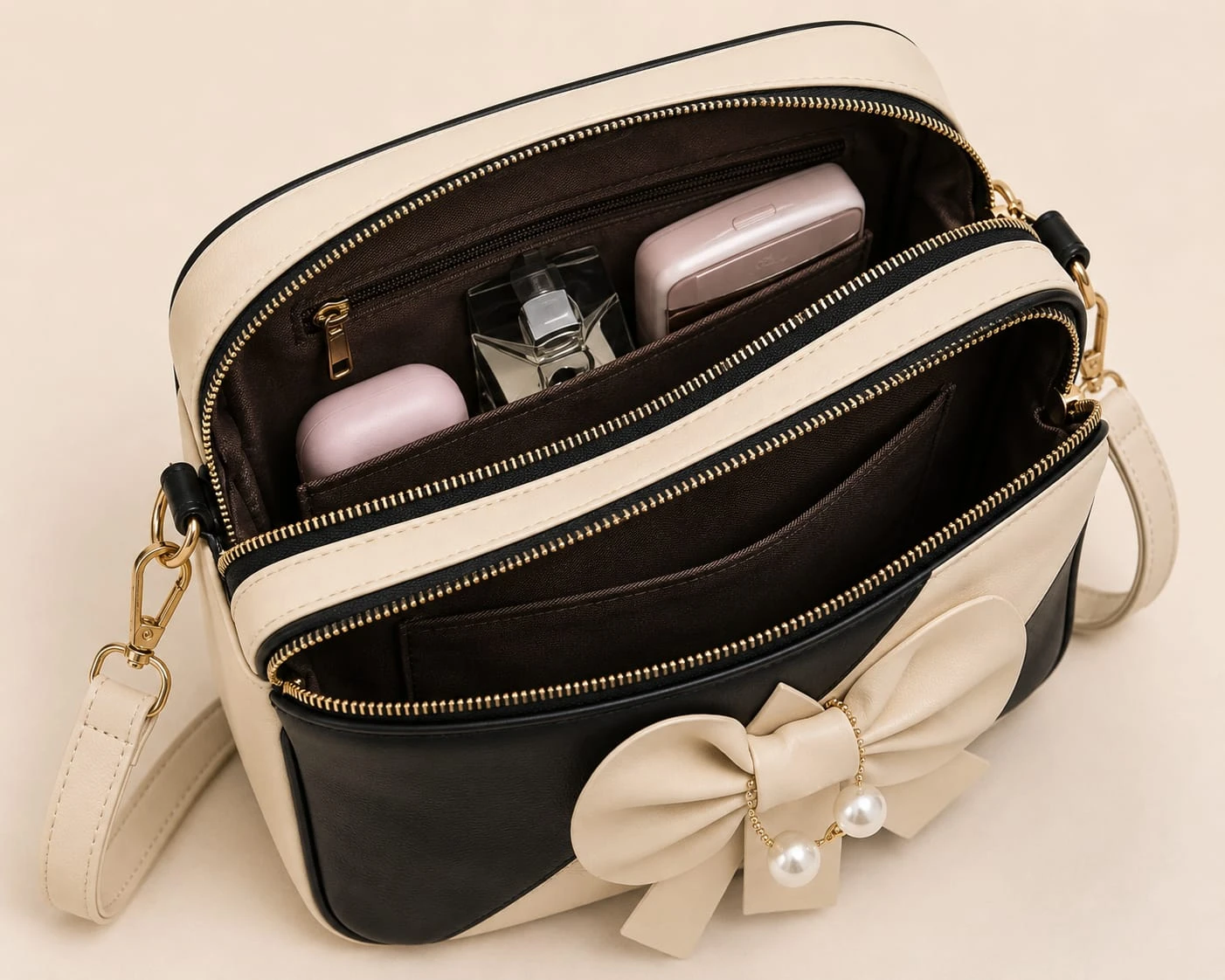 Women's Premium Bow Sling Bag | Stylish PU Leather Crossbody Shoulder Bag with Adjustable Strap | Trendy Party, Casual & Daily Use Handbag | Black & White