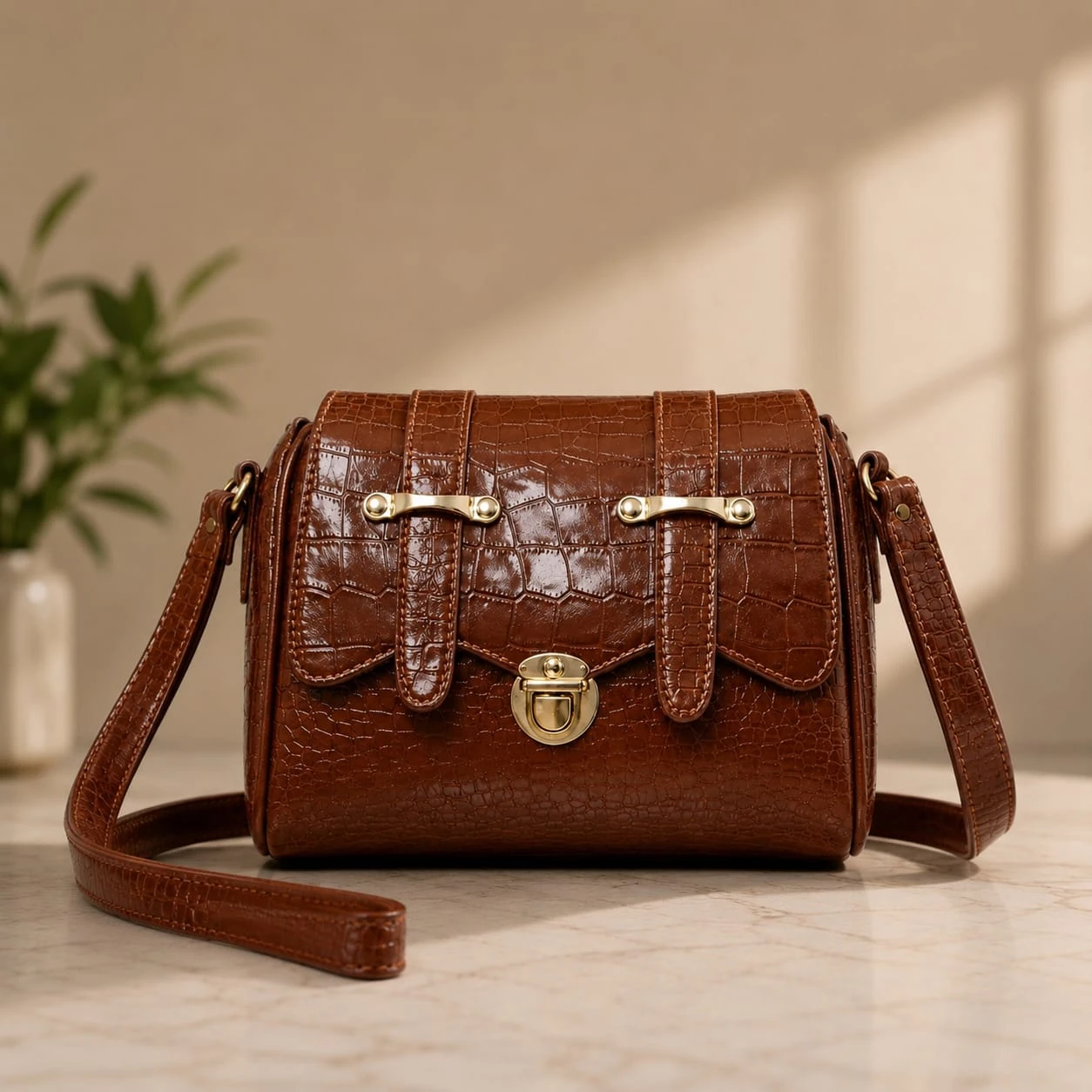 Women's Premium Crocodile Texture Sling Bag | PU Leather Crossbody Shoulder Handbag with Adjustable Strap | Stylish Casual, Office, Travel & Party Bag | Brown