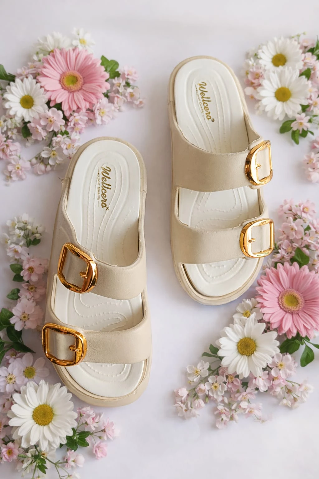 Women's Beige Double Buckle Comfort Slides
