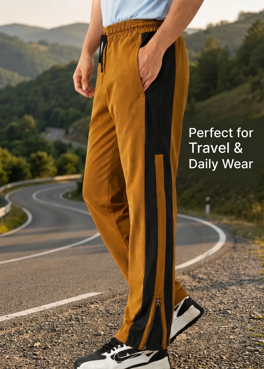 Men's Gym Track Pants | Color Block Relaxed Fit Lower | Ankle Zip | Polyester Lycra | Extra Thigh Room | Travel, Training