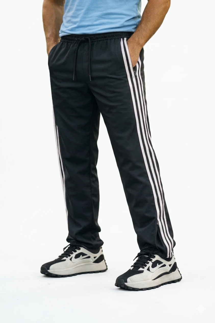 Men's Track Pants | Black with White Side Stripes| NS Lycra Polyester | Relaxed Fit | Ankle Zip | Gym & Sports Lower