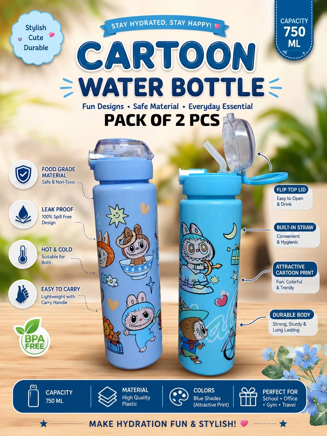 Cartoon Printed Water Bottle Pack of 2