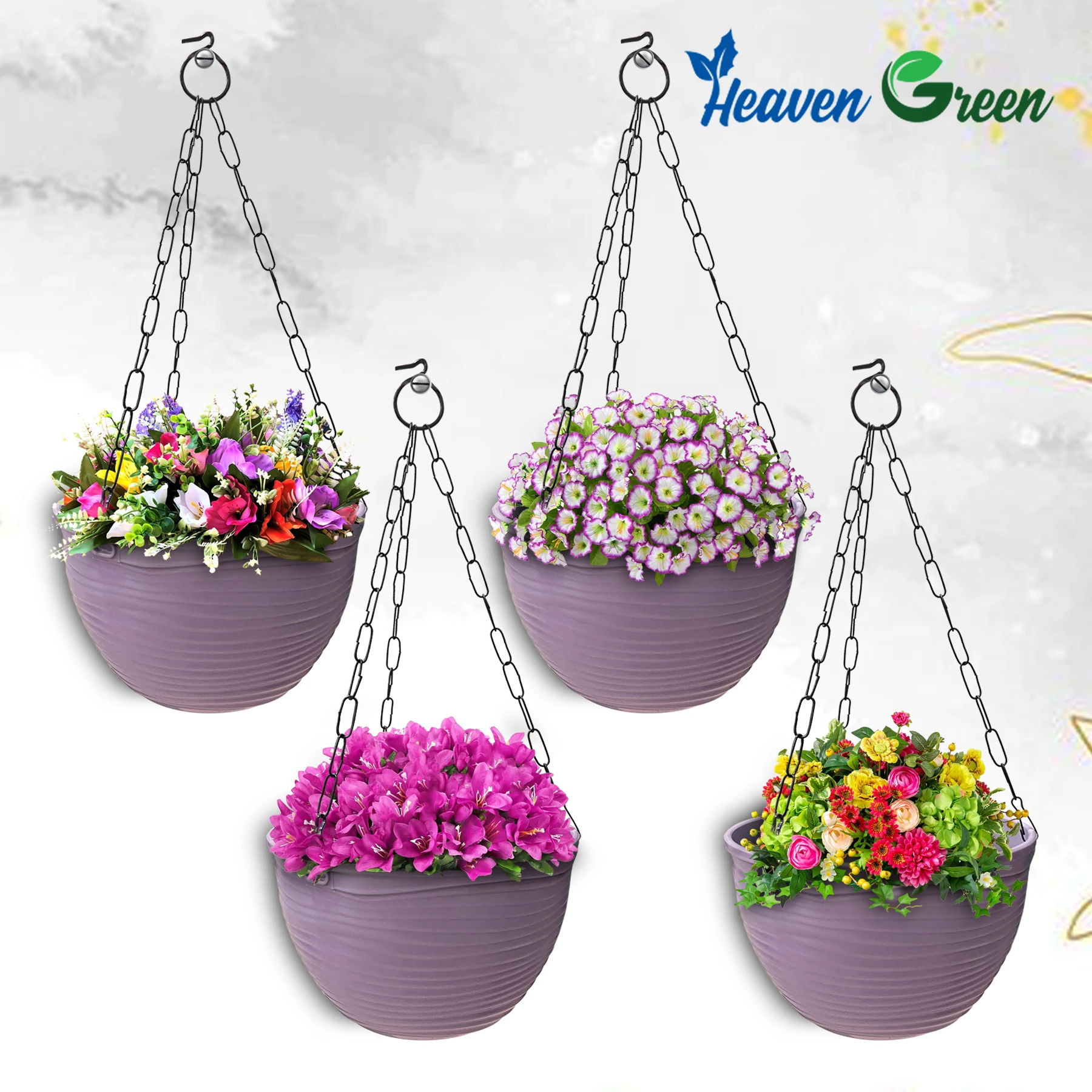 Plastic Hanging Planters with Chain Set of 4 – UV-Stabilized, for Balcony, Garden, Indoor & Outdoor Décor, Rattan-Style Finish, Purple Pots, 5Inch Diameter