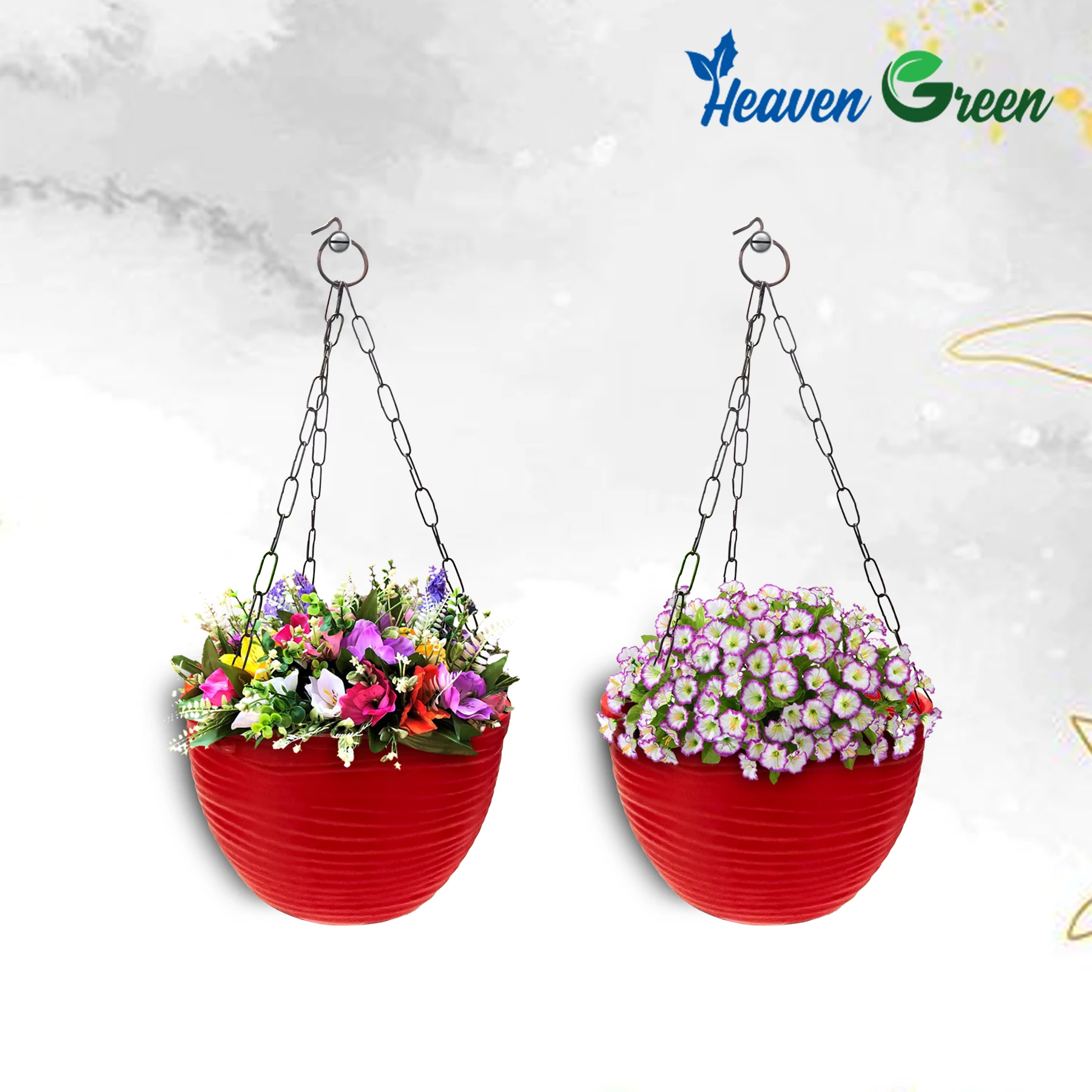 Plastic Hanging Planters with Chain Set of 2 – UV-Stabilized, for Balcony, Garden, Indoor & Outdoor Décor, Rattan-Style Finish, Red Pots, 5Inch Diameter