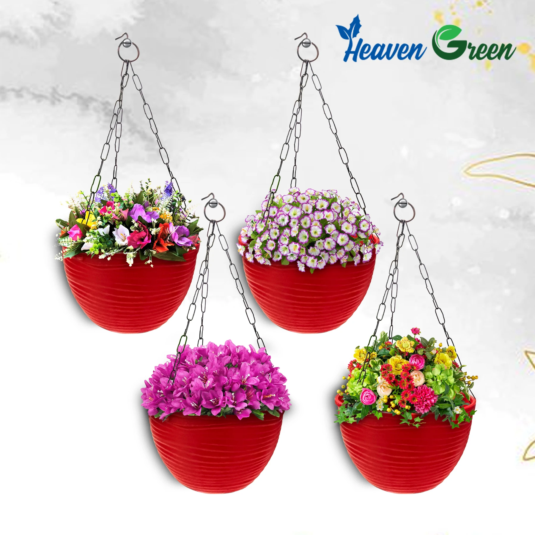 Plastic Hanging Planters with Chain Set of 4 – UV-Stabilized, for Balcony, Garden, Indoor & Outdoor Décor, Rattan-Style Finish, Red Pots, 5Inch Diameter