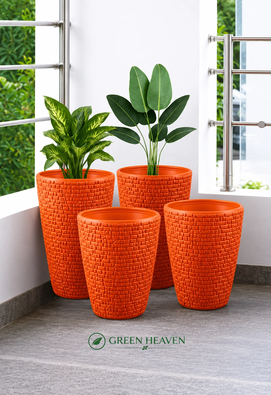 GREEN HEAVEN® Decorative Indoor and for Outdoor Plastic Fancy Designer Plastic Flower pots / Planters, Tabletop Decorative Designer Plastic Flower Pots for Home office Garden Balcony Plant Container Set Ghamla planter (Orange- 8inch Pack Of 4)