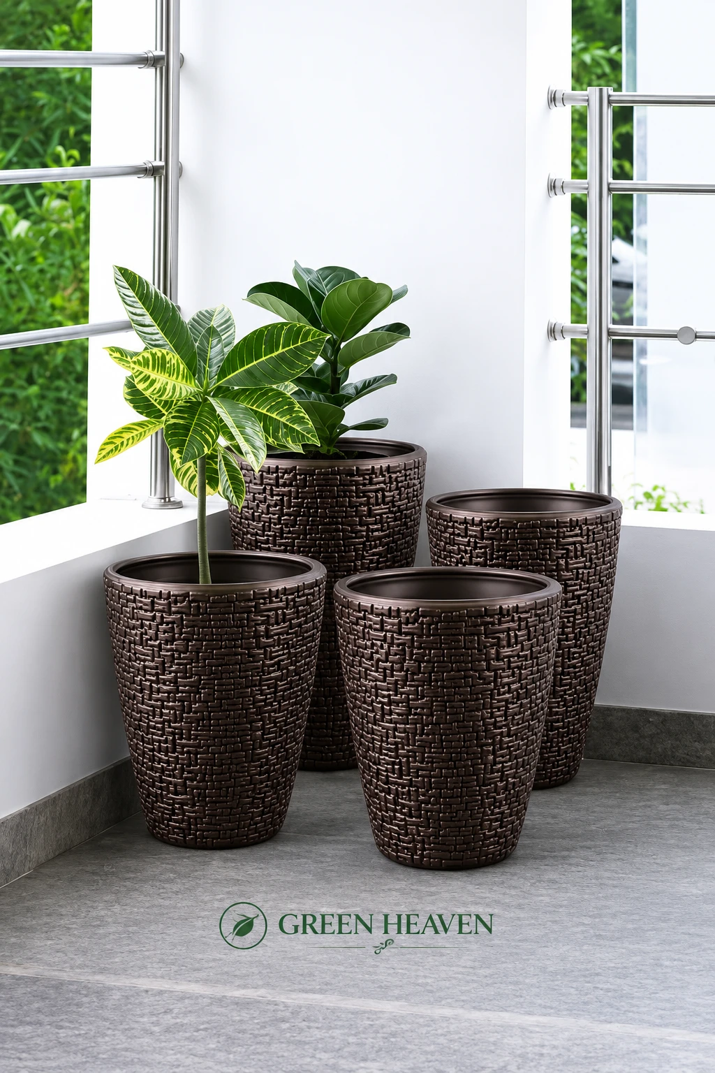 GREEN HEAVEN® Decorative Indoor and for Outdoor Plastic Fancy Designer Plastic Flower pots / Planters, Tabletop Decorative Designer Plastic Flower Pots for Home office Garden Balcony Plant Container Set Ghamla planter (Brown- 8inch Pack Of 4)