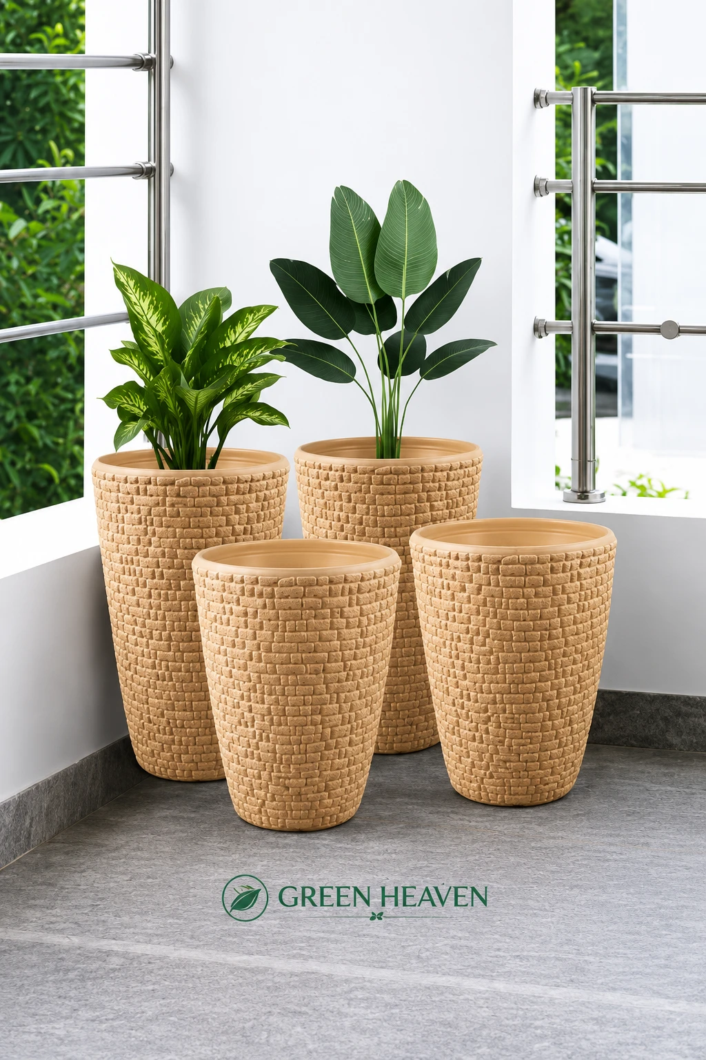 GREEN HEAVEN® Decorative Indoor and for Outdoor Plastic Fancy Designer Plastic Flower pots / Planters, Tabletop Decorative Designer Plastic Flower Pots for Home office Garden Balcony Plant Container Set Ghamla planter (Beige- 8inch Pack Of 4)