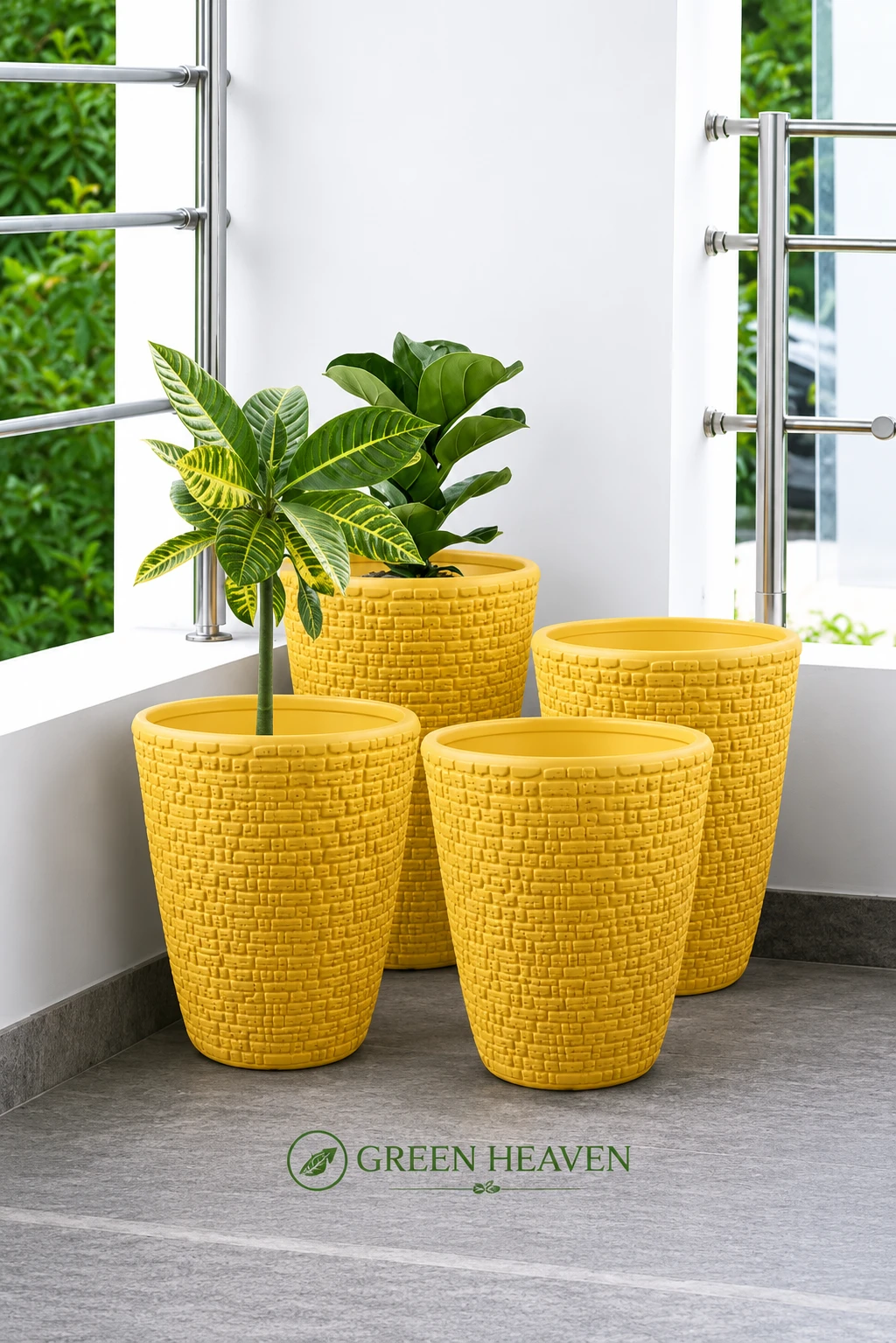 GREEN HEAVEN® Decorative Indoor and for Outdoor Plastic Fancy Designer Plastic Flower pots / Planters, Tabletop Decorative Designer Plastic Flower Pots for Home office Garden Balcony Plant Container Set Ghamla planter (Yellow - 8inch Pack Of 4)