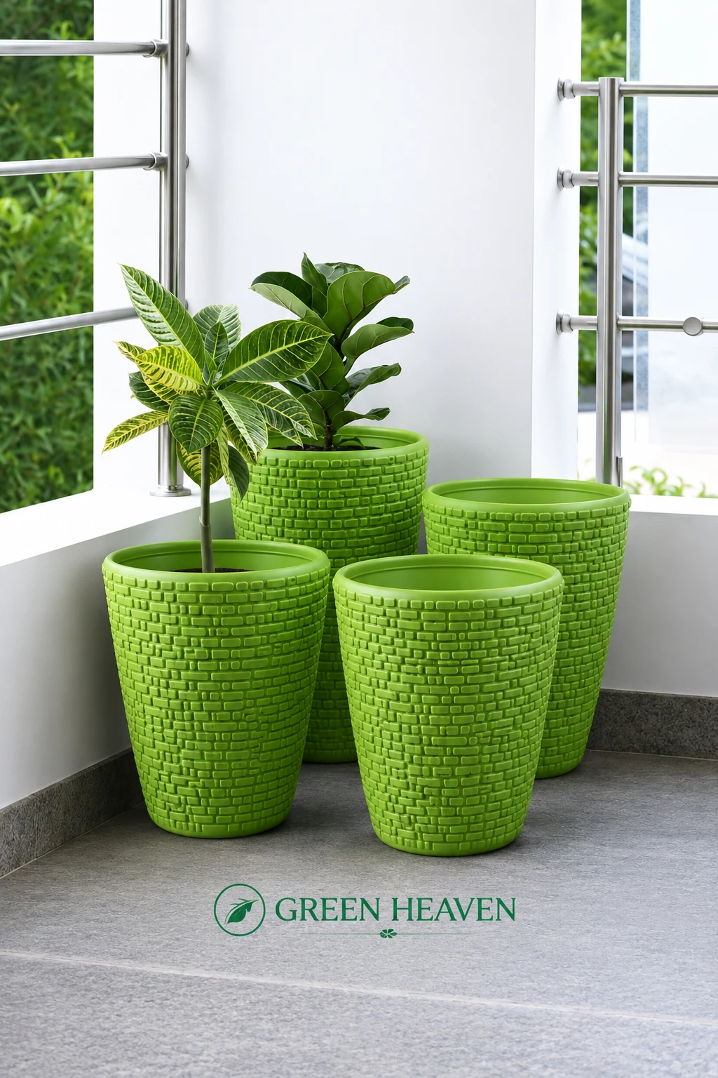 GREEN HEAVEN® Decorative Indoor and for Outdoor Plastic Fancy Designer Plastic Flower pots / Planters, Tabletop Decorative Designer Plastic Flower Pots for Home office Garden Balcony Plant Container Set Ghamla planter (Green- 8inch Pack Of 4)