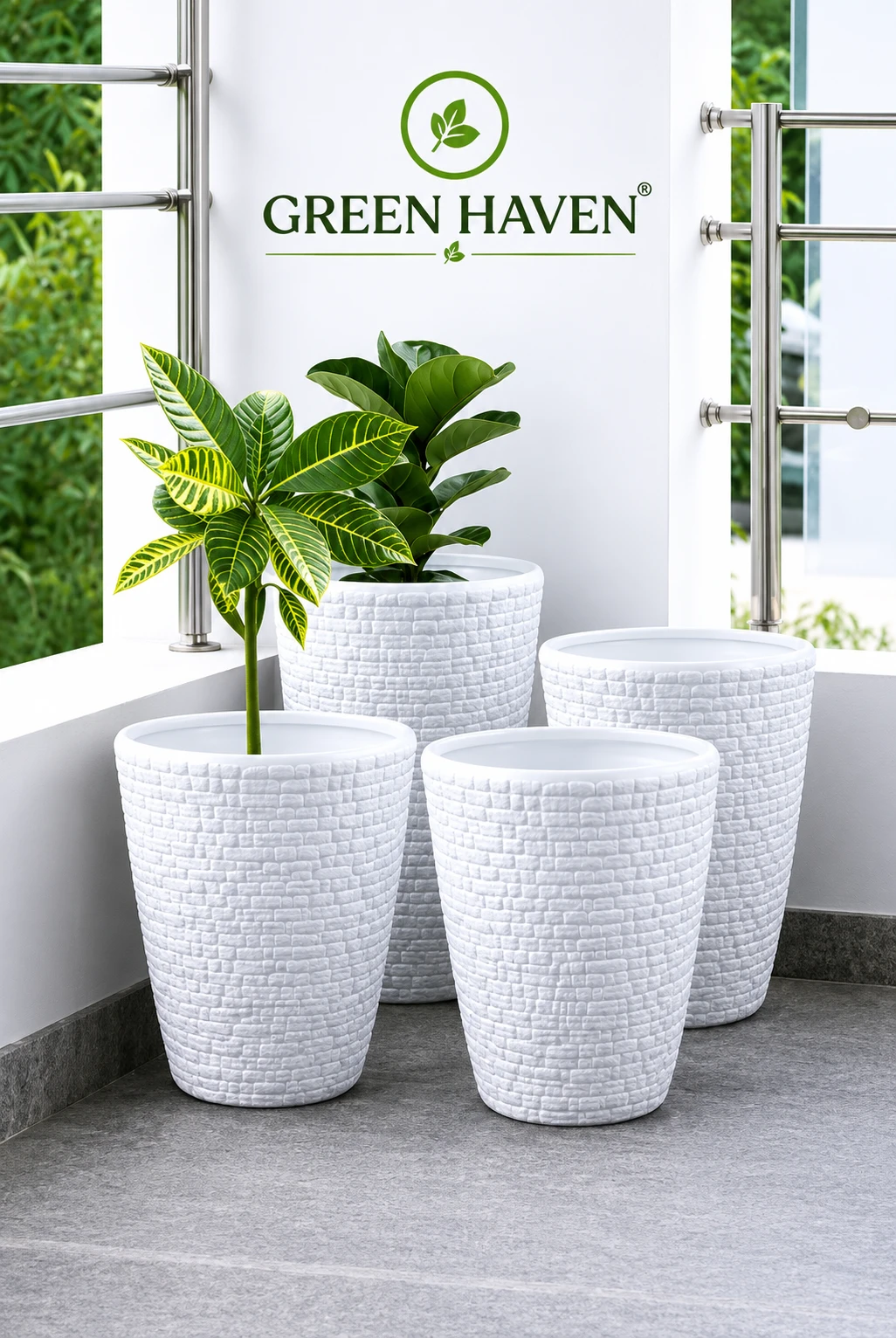 GREEN HEAVEN® Decorative Indoor and for Outdoor Plastic Fancy Designer Plastic Flower pots / Planters, Tabletop Decorative Designer Plastic Flower Pots for Home office Garden Balcony Plant Container Set Ghamla planter (white- 8inch Pack Of 4)