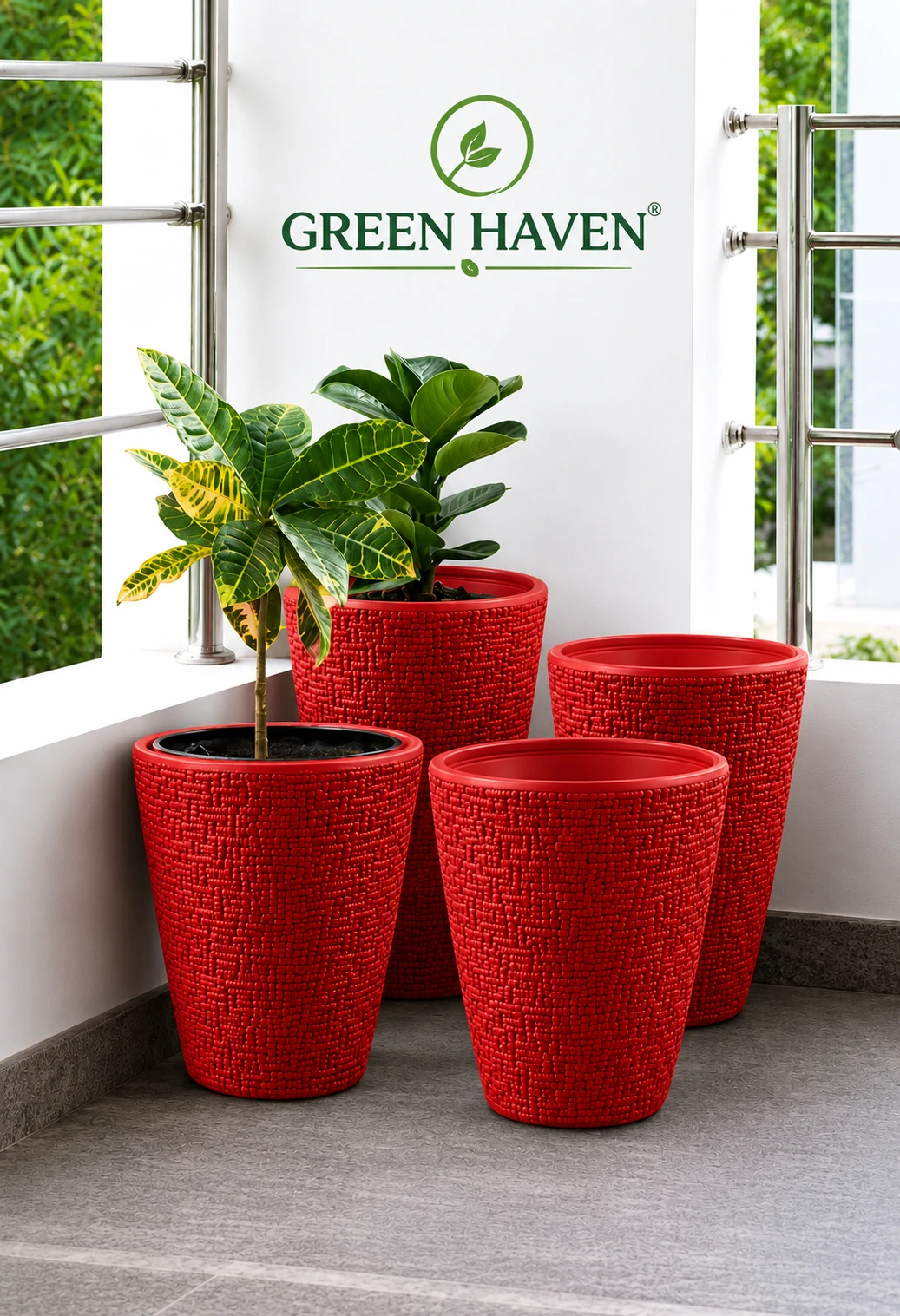 GREEN HEAVEN® Decorative Indoor and for Outdoor Plastic Fancy Designer Plastic Flower pots / Planters, Tabletop Decorative Designer Plastic Flower Pots for Home office Garden Balcony Plant Container Set Ghamla planter (red- 8inch Pack Of 4)