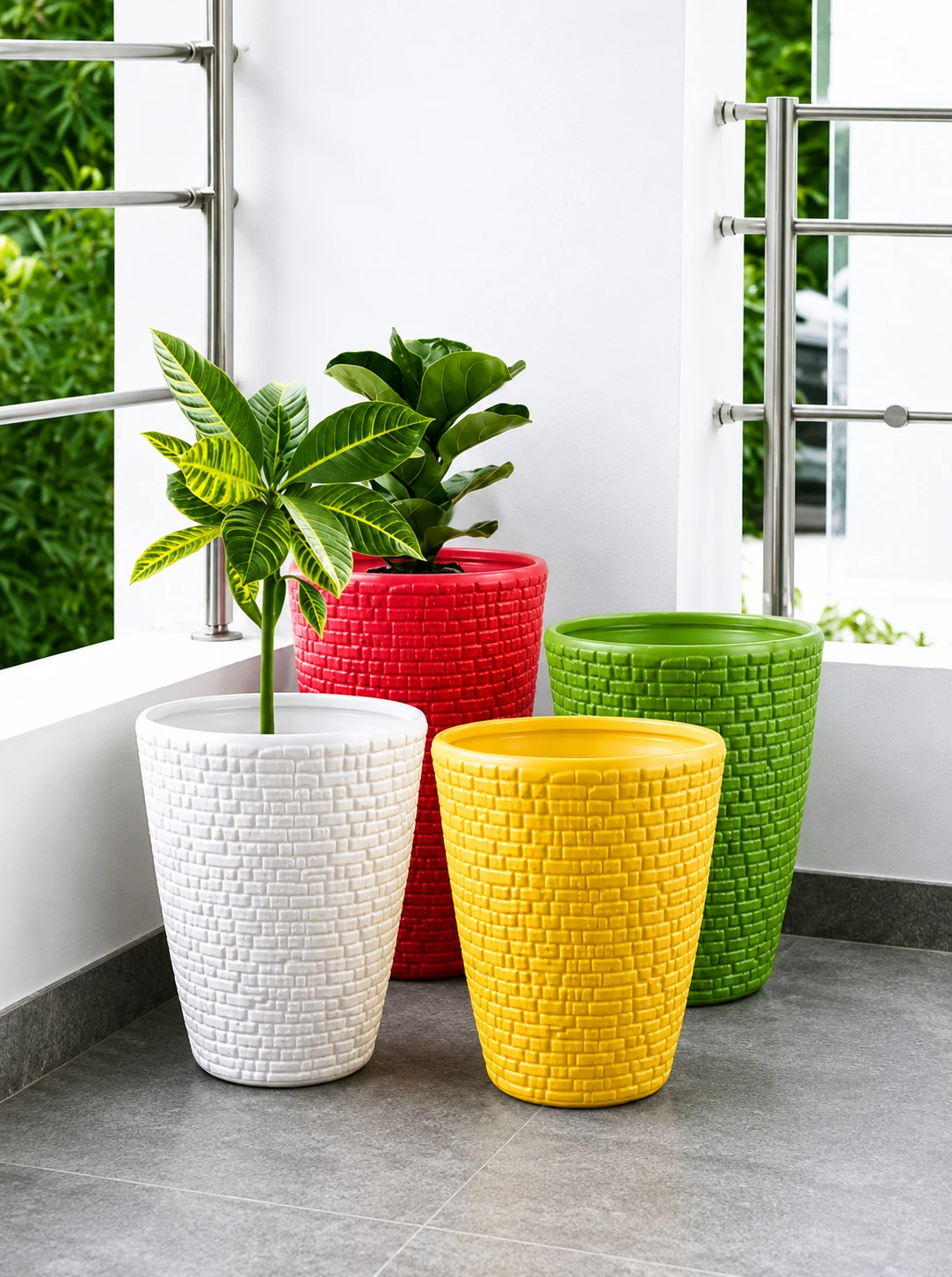 GREEN HEAVEN® Decorative Indoor and for Outdoor Plastic Fancy Designer Plastic Flower pots / Planters, Tabletop Decorative Designer Plastic Flower Pots for Home office Garden Balcony Plant Container Set Ghamla planter (Multicolor - 8inch Pack Of 4)