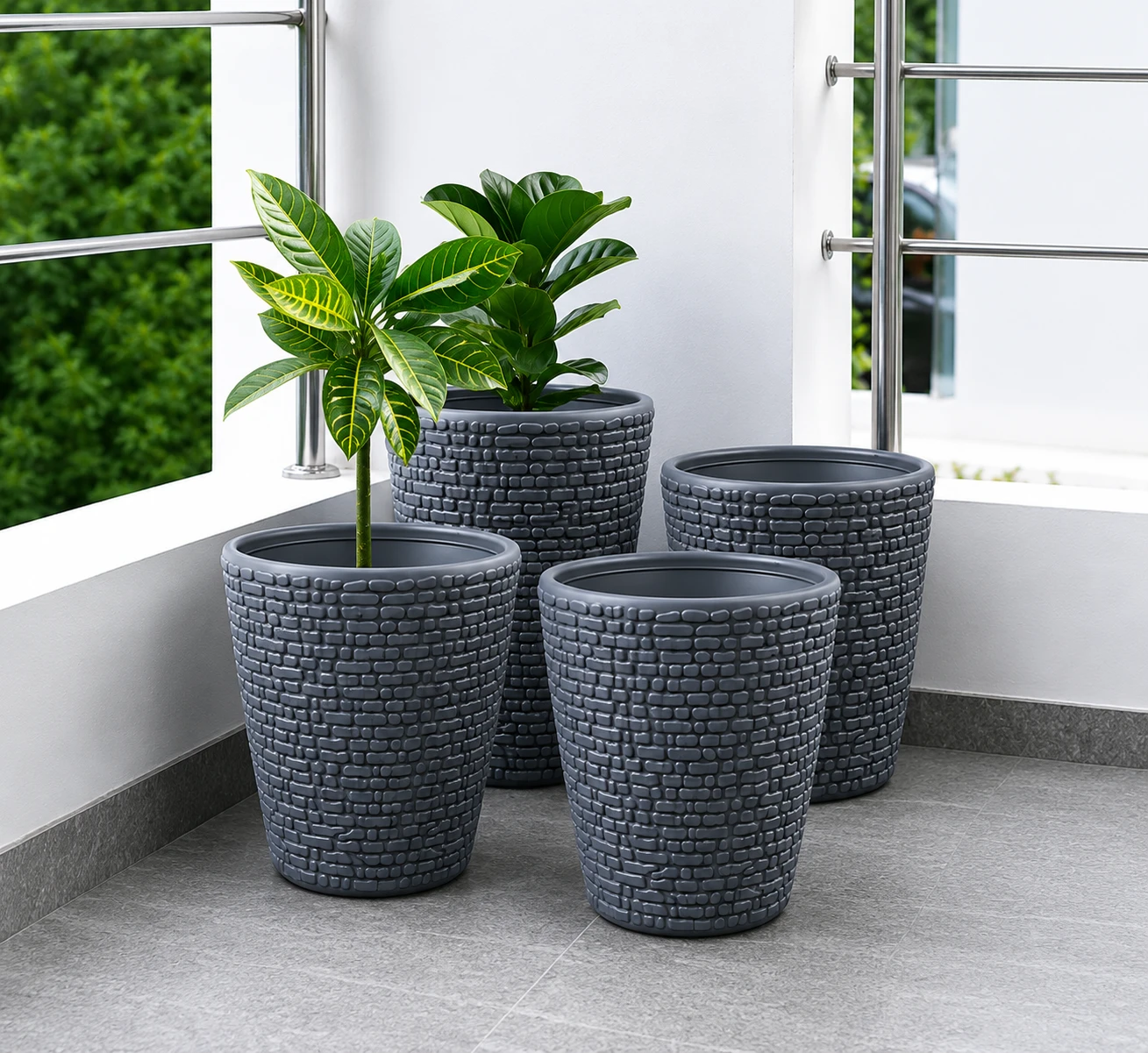 GREEN HEAVEN® Decorative Indoor and for Outdoor Plastic Fancy Designer Plastic Flower pots / Planters, Tabletop Decorative Designer Plastic Flower Pots for Home office Garden Balcony Plant Container Set Ghamla planter (Grey - 8inch Pack Of 4)