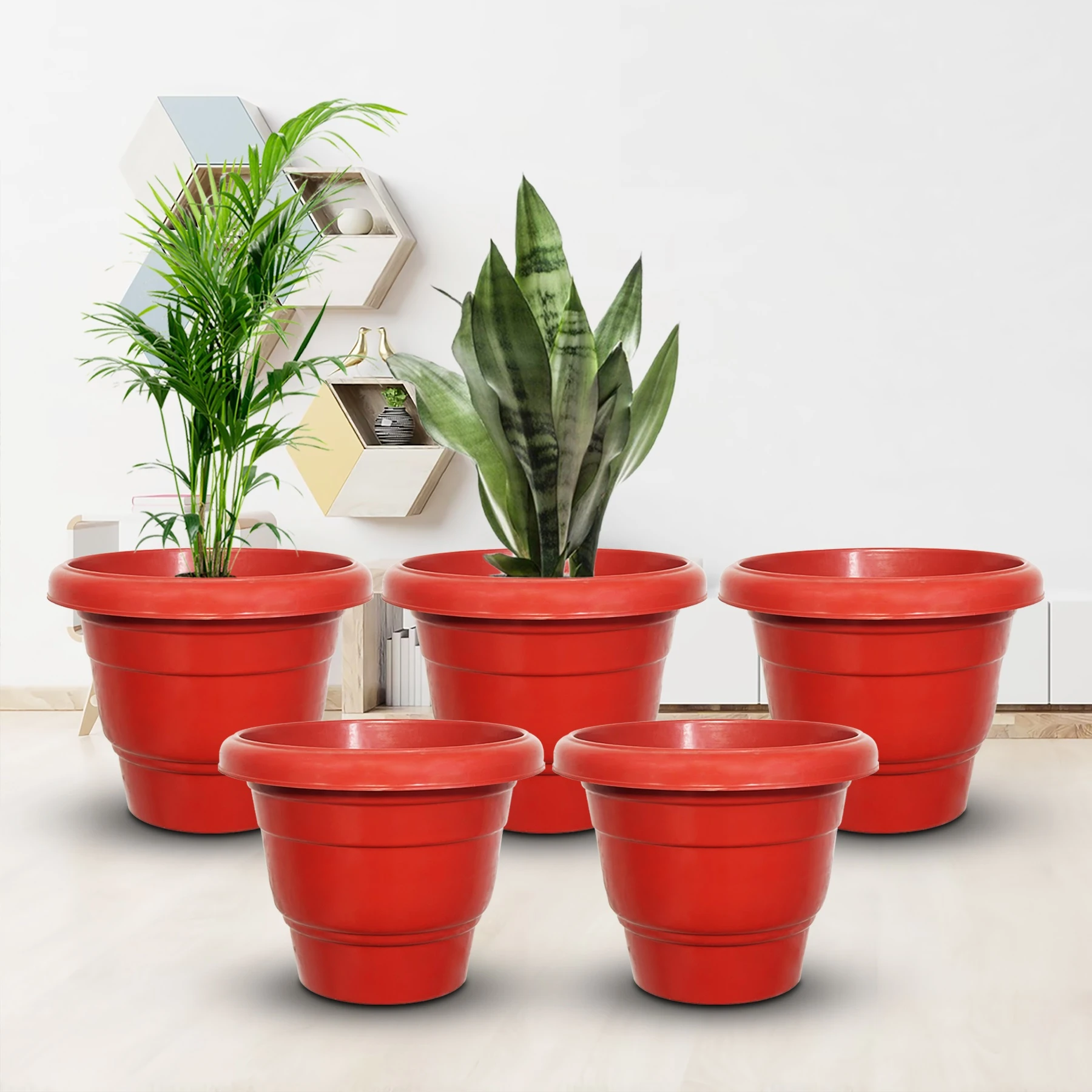 Heaven Green 8 Inch Plastic Flower Pot for Home & Garden Plants | Heavy Duty Round Planter Pot for Indoor Outdoor Gardening | UV Resistant Lightweight Decorative Nursery Gamla for Balcony Living Room Terrace Office (Pack of 5 Red)