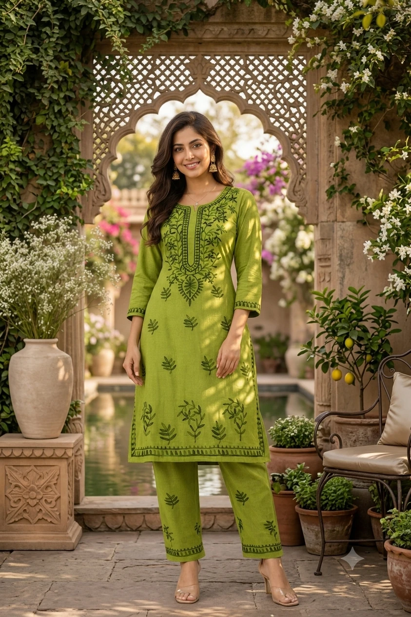 lucknowi chikankari  Floral Thread Work Casual & Festive Wear Ethnic Set for Women