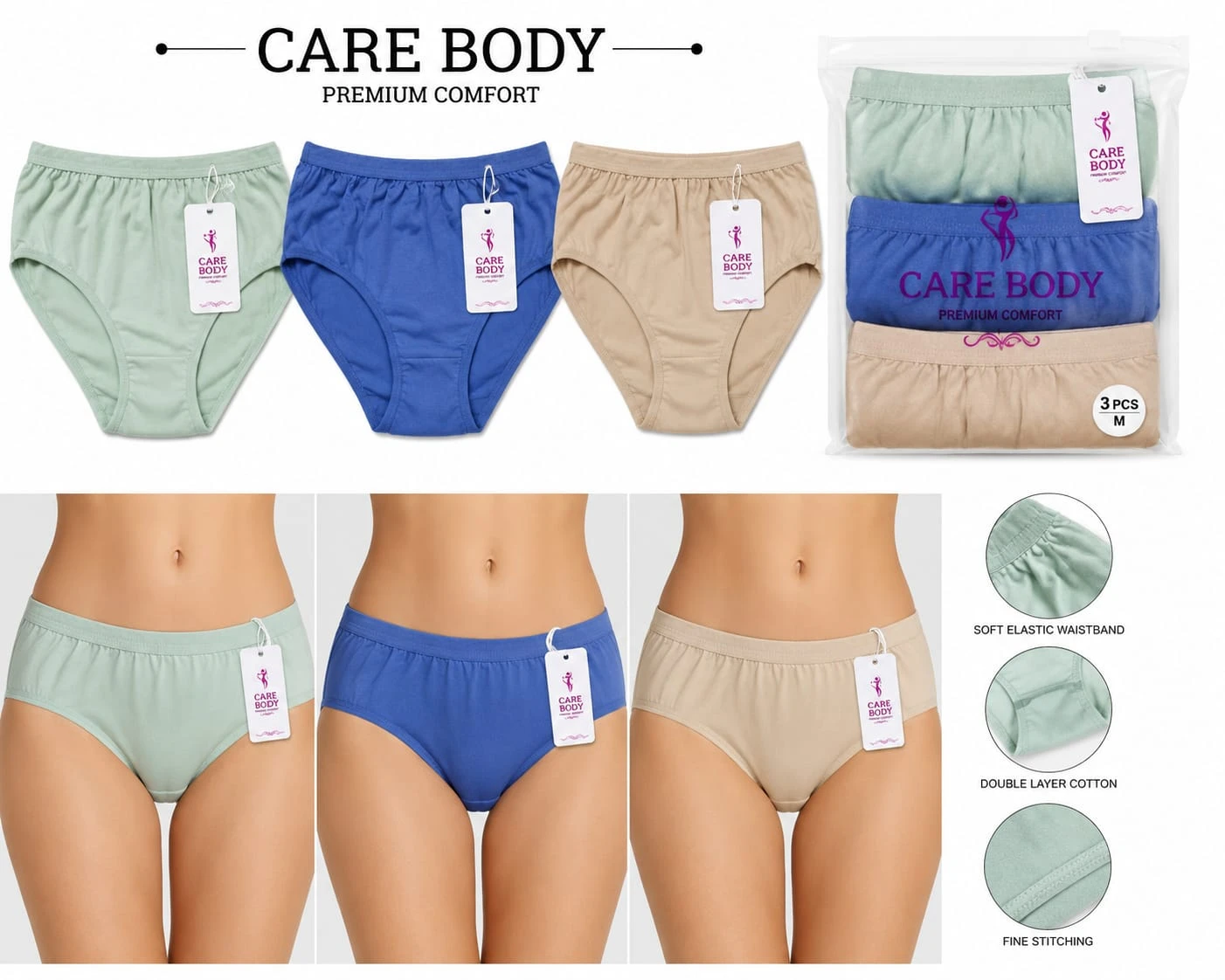 Care Body Women's 100% Cotton Panties Pack of 3 | Soft Breathable Mid Waist Bikini Briefs | Multicolor Innerwear