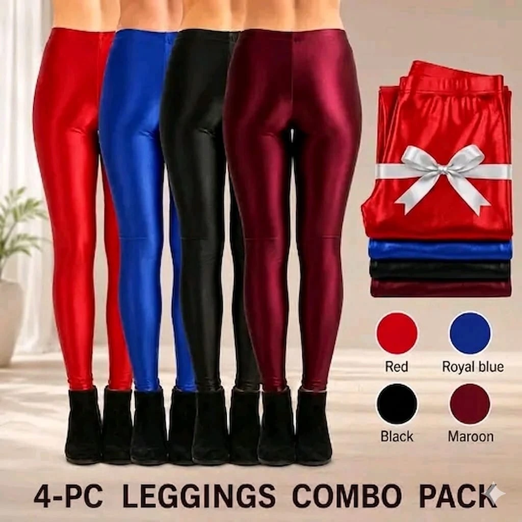 Women's Shiny Metallic Stretchable Leggings Combo Pack of 4 | High Waist Slim Fit Fashion Tights | Pink, Royal Blue, Black & Mustard