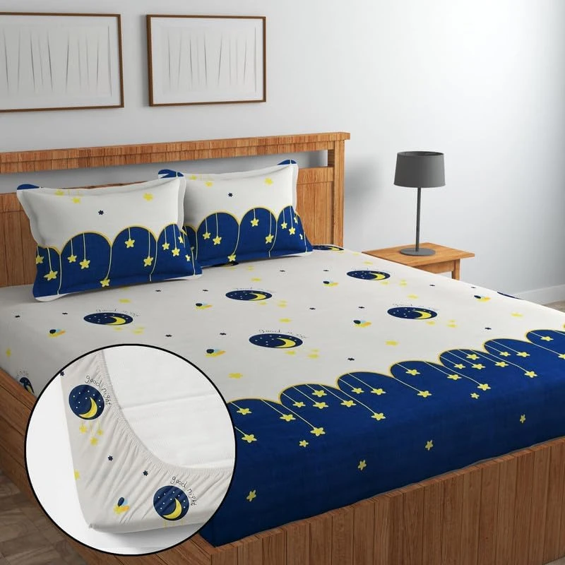 COTTON BLEND ELASTIC FITTED DOUBLE BED SHEET WITH 2 PC PILOW COVER