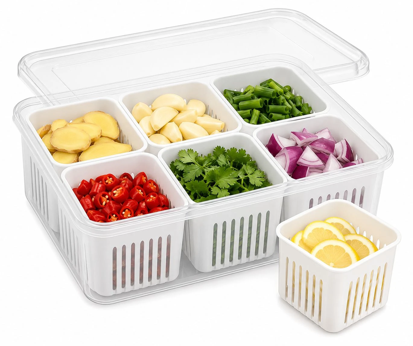 6 Grid Fridge Storage Organizer Box with Lid (White)