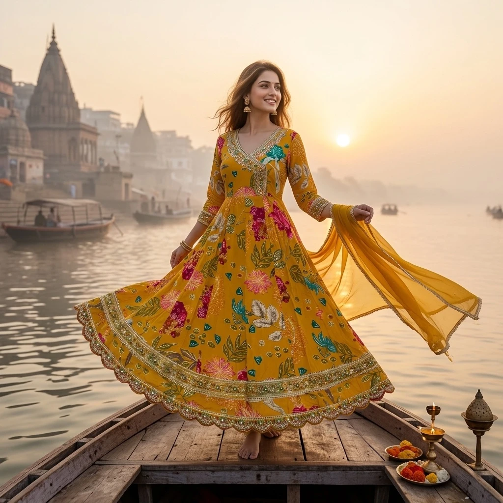MaViraa Heavy Floral Embroiled Print Rayon Anarkali Kurti with Trousers and Gota Patti Dupatta